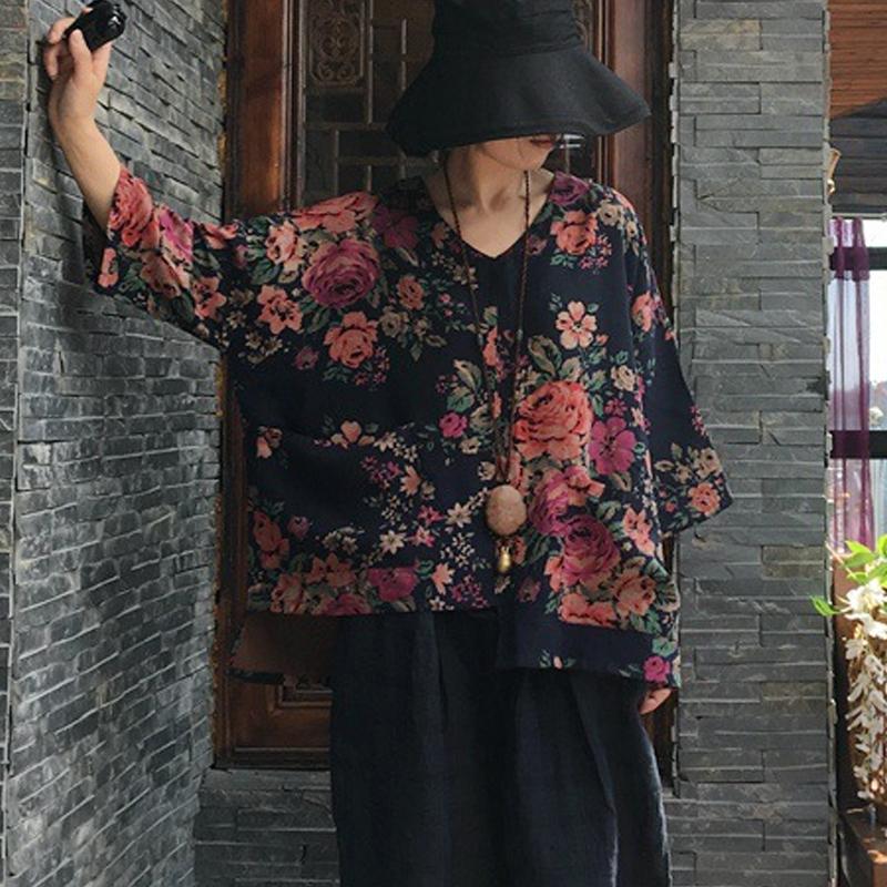 Print V-neck Autumn Long Sleeve Cotton Blouse