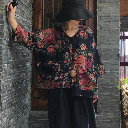 Print V-neck Autumn Long Sleeve Cotton Blouse