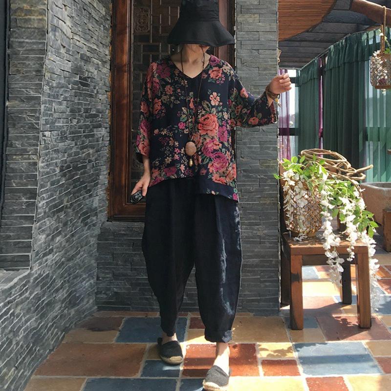 Print V-neck Autumn Long Sleeve Cotton Blouse