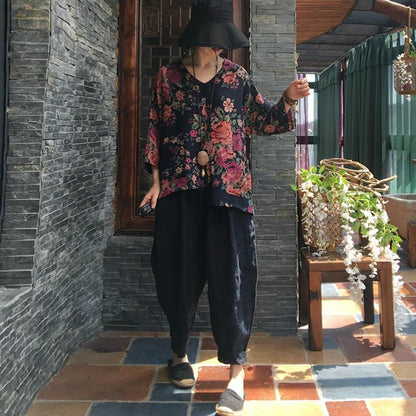 Print V-neck Autumn Long Sleeve Cotton Blouse