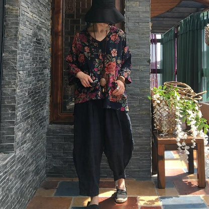 Print V-neck Autumn Long Sleeve Cotton Blouse