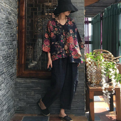 Print V-neck Autumn Long Sleeve Cotton Blouse