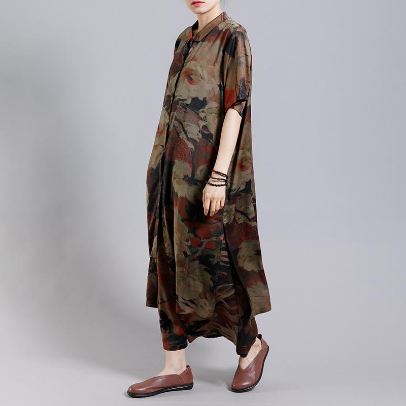Print Vintage Short Sleeve Coat And Wide Leg Pants