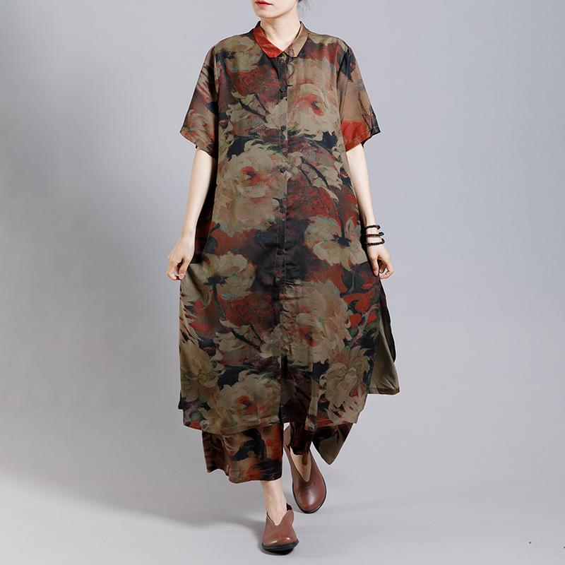 Print Vintage Short Sleeve Coat And Wide Leg Pants