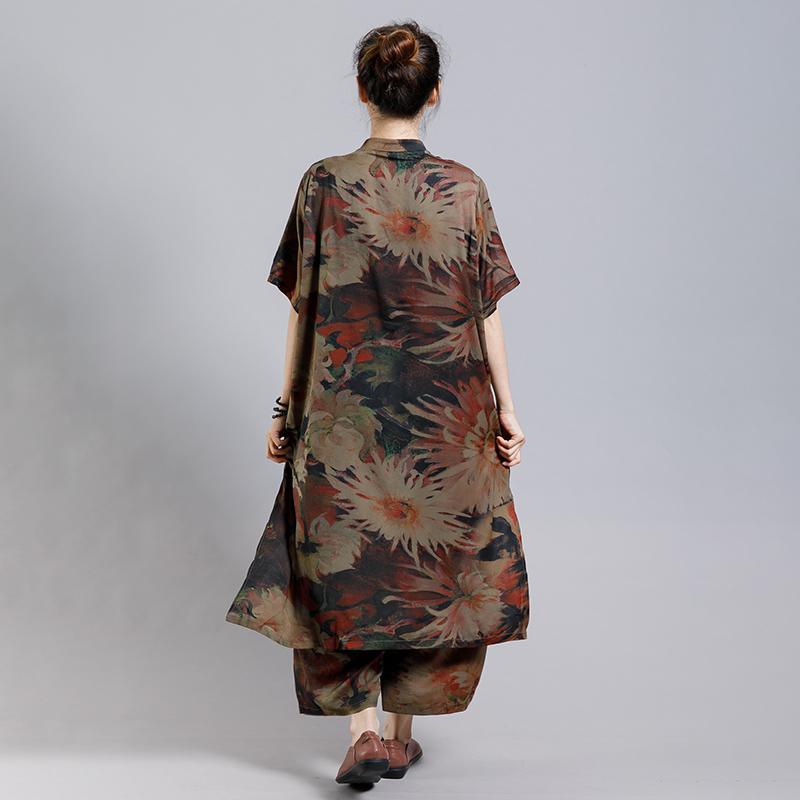 Print Vintage Short Sleeve Coat And Wide Leg Pants