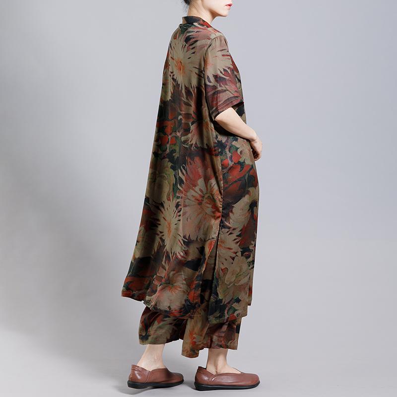 Print Vintage Short Sleeve Coat And Wide Leg Pants