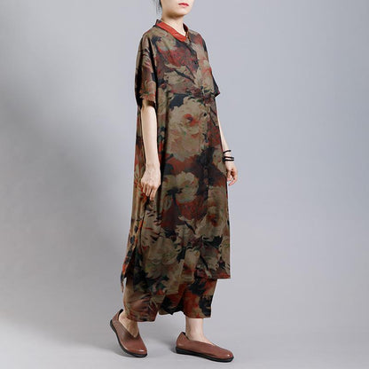 Print Vintage Short Sleeve Coat And Wide Leg Pants