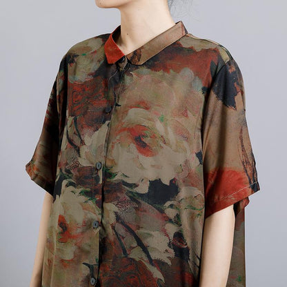 Print Vintage Short Sleeve Coat And Wide Leg Pants