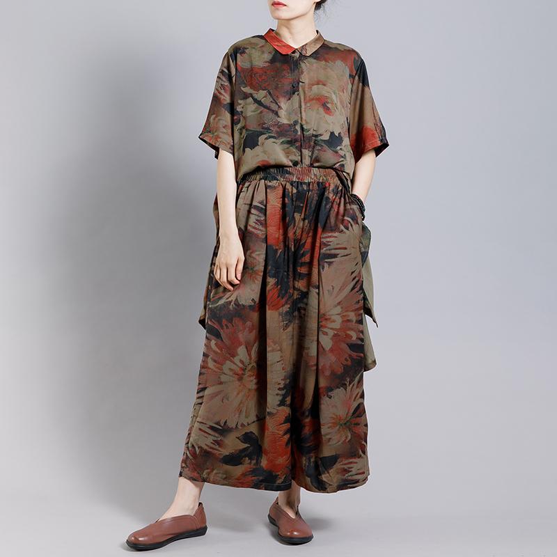 Print Vintage Short Sleeve Coat And Wide Leg Pants