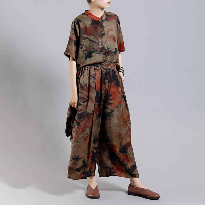 Print Vintage Short Sleeve Coat And Wide Leg Pants