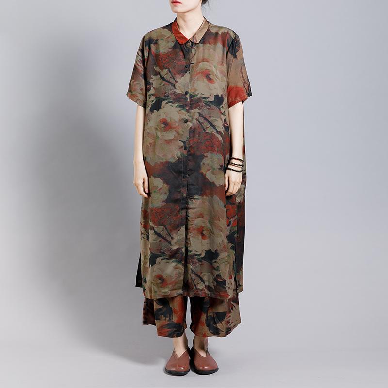 Print Vintage Short Sleeve Coat And Wide Leg Pants