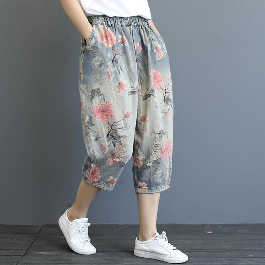 Print Washed Hole Loose Harem Jeans
