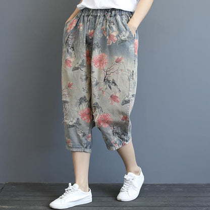 Print Washed Hole Loose Harem Jeans
