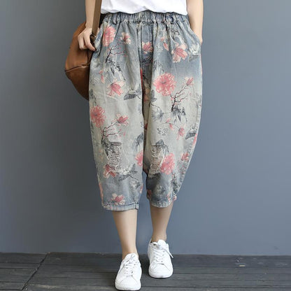 Print Washed Hole Loose Harem Jeans