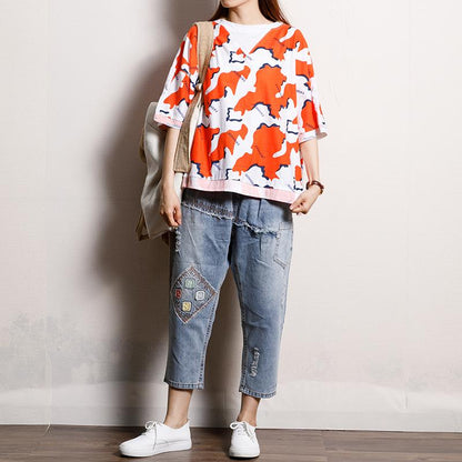 Printed And Spliced Casual Sweet T-Shirt