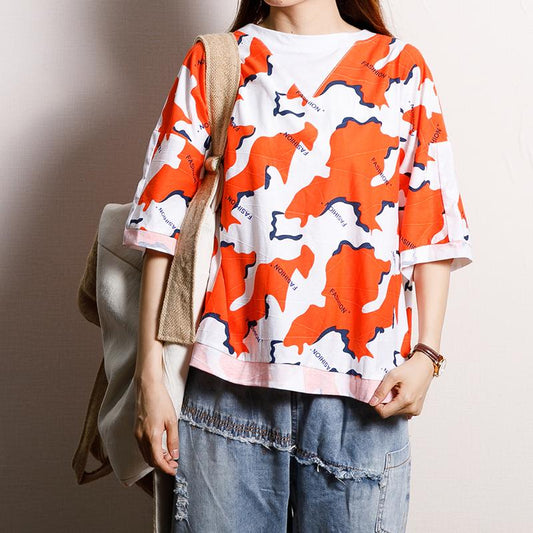 Printed And Spliced Casual Sweet T-Shirt
