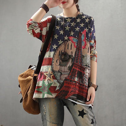 Printed Breathable O-neck Retro Knit Shirt