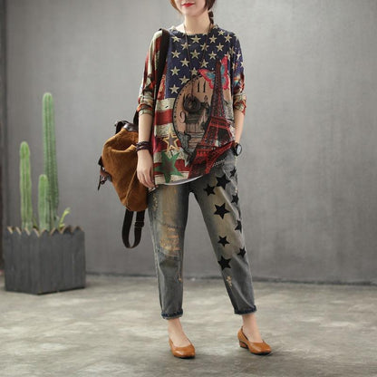 Printed Breathable O-neck Retro Knit Shirt