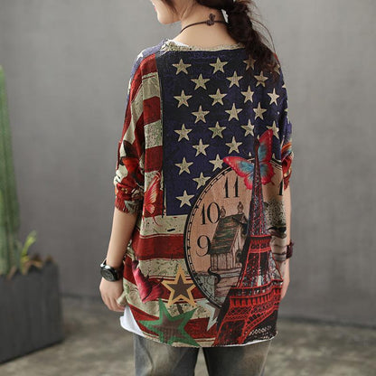 Printed Breathable O-neck Retro Knit Shirt