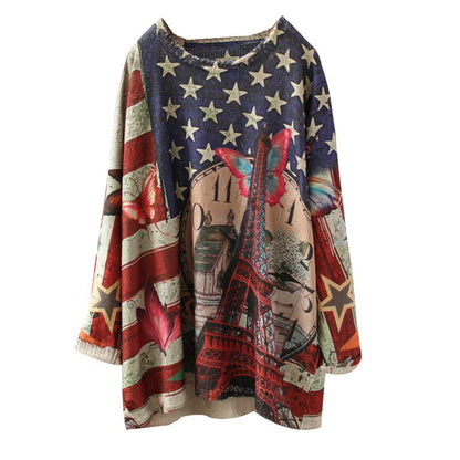 Printed Breathable O-neck Retro Knit Shirt