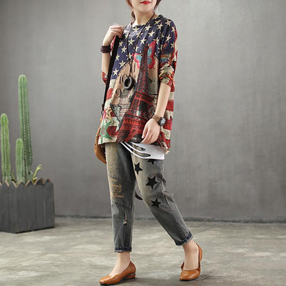 Printed Breathable O-neck Retro Knit Shirt