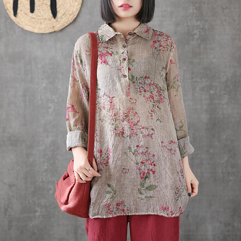 Printed Cotton Linen Long Sleeve Blouse