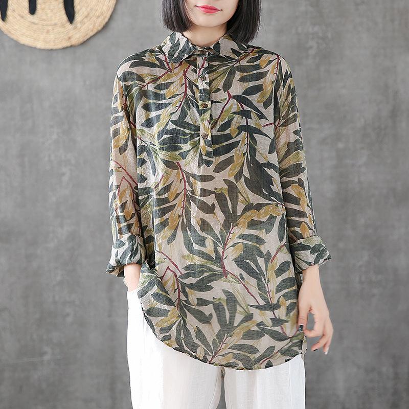Printed Cotton Linen Long Sleeve Blouse