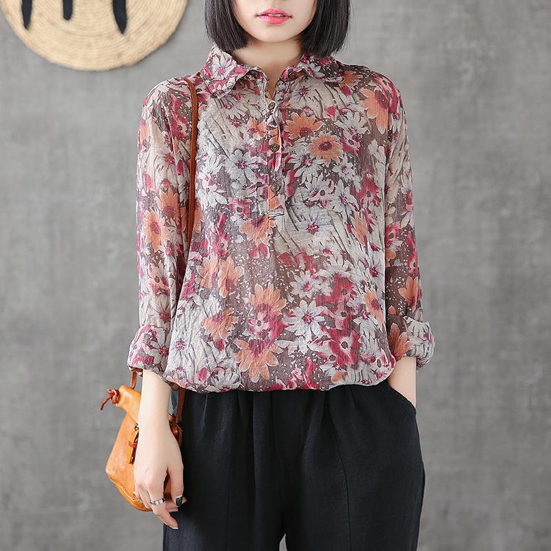 Printed Cotton Linen Long Sleeve Blouse