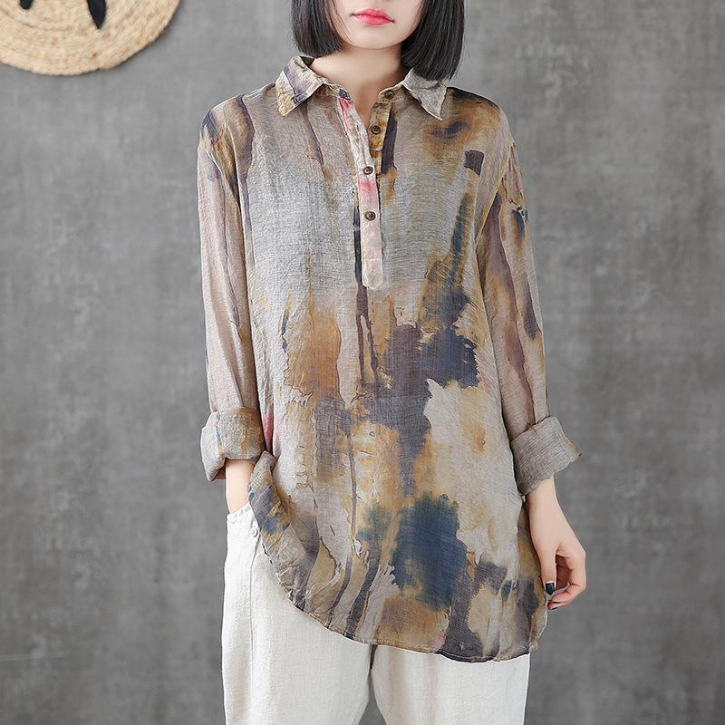 Printed Cotton Linen Long Sleeve Blouse