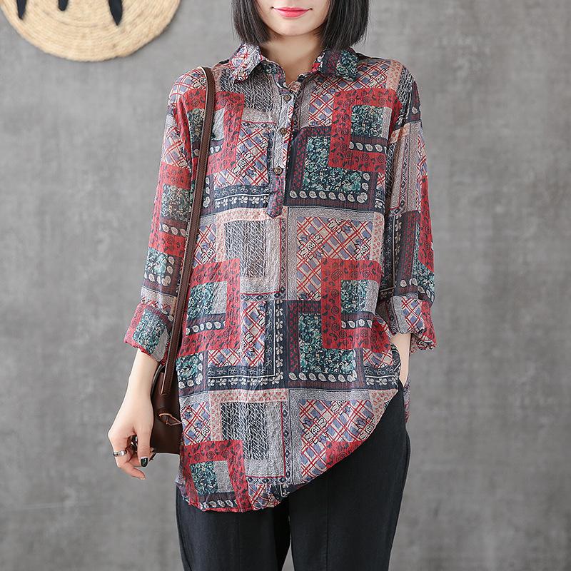 Printed Cotton Linen Long Sleeve Blouse