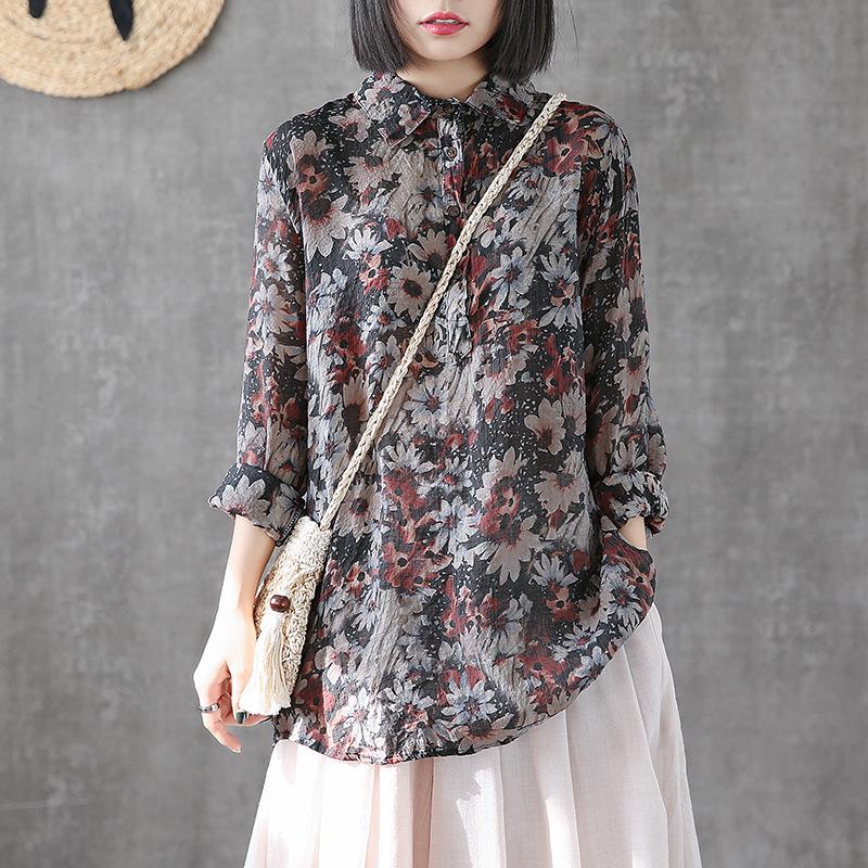 Printed Cotton Linen Long Sleeve Blouse