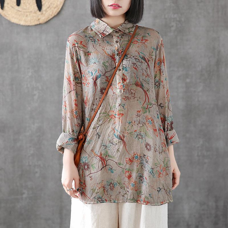 Printed Cotton Linen Long Sleeve Blouse