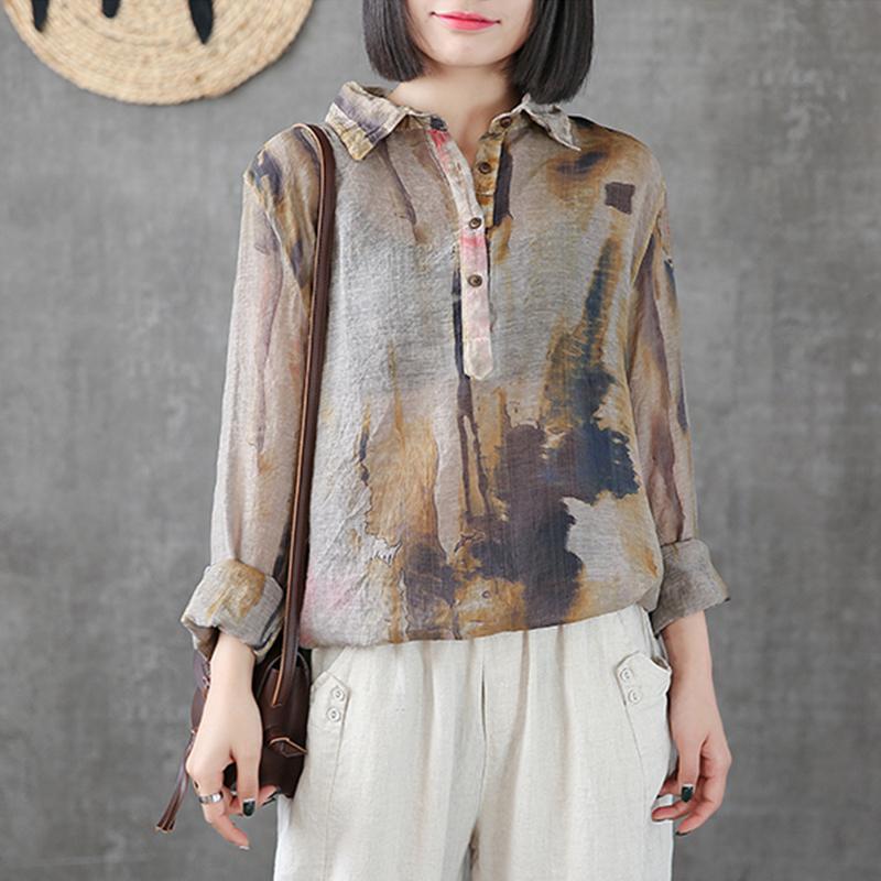 Printed Cotton Linen Long Sleeve Blouse