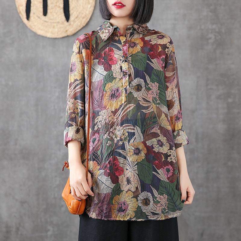 Printed Cotton Linen Long Sleeve Blouse
