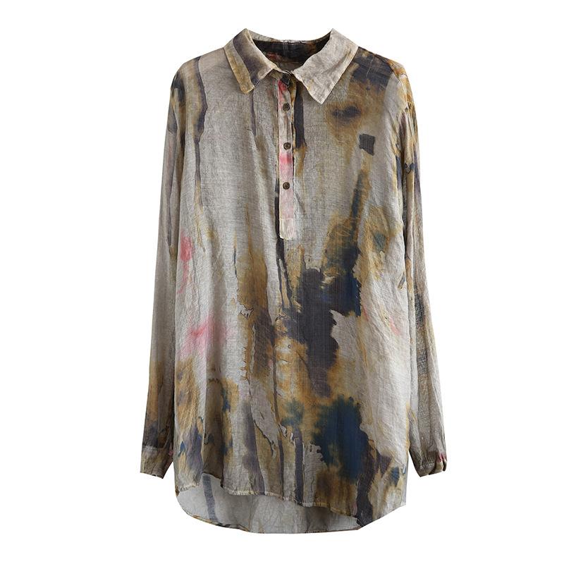 Printed Cotton Linen Long Sleeve Blouse