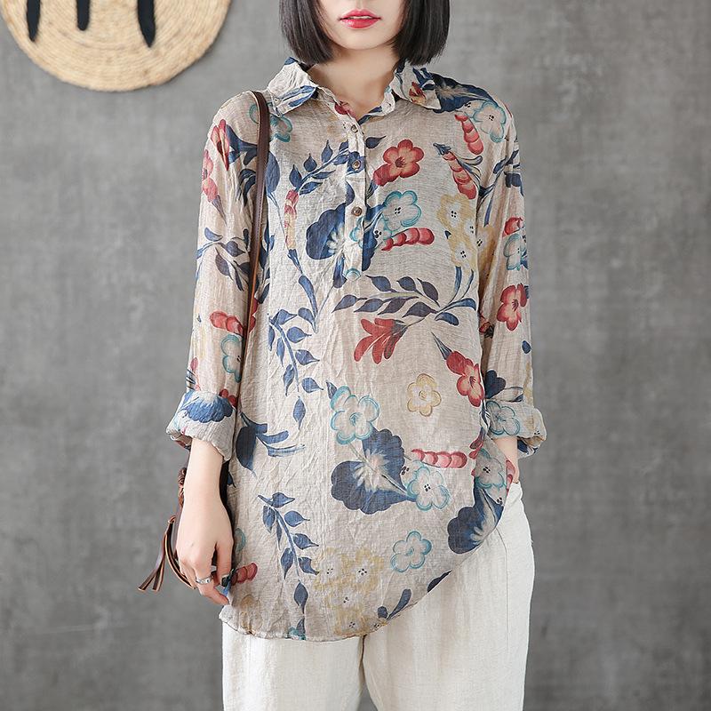 Printed Cotton Linen Long Sleeve Blouse