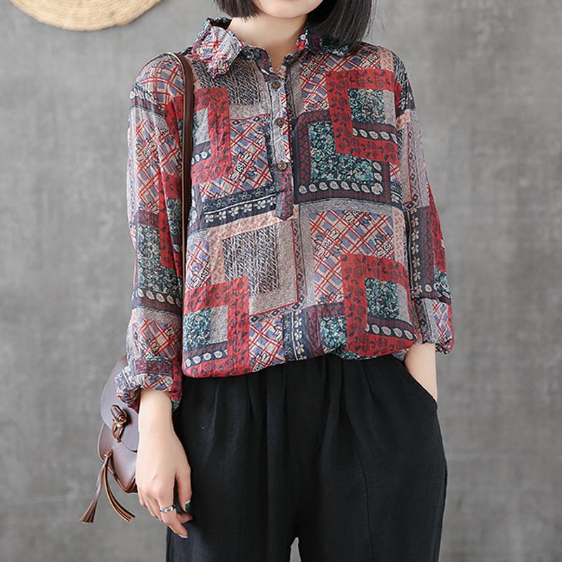 Printed Cotton Linen Long Sleeve Blouse