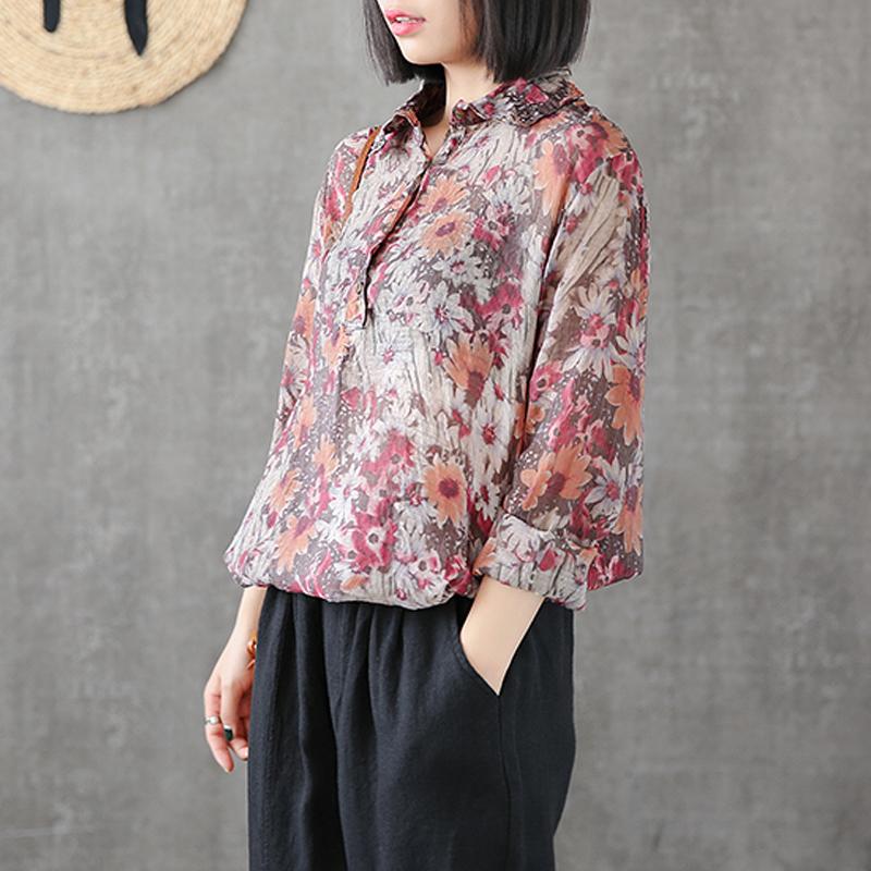 Printed Cotton Linen Long Sleeve Blouse