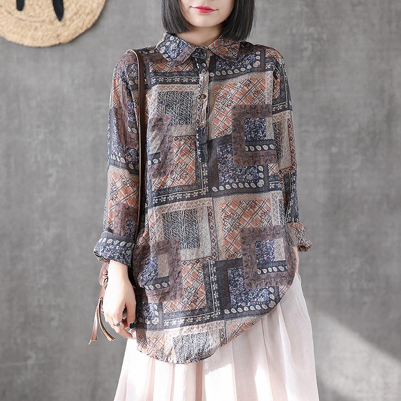 Printed Cotton Linen Long Sleeve Blouse