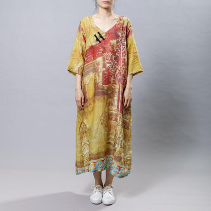 Printed Frog V-Neck Chinese Style Dress