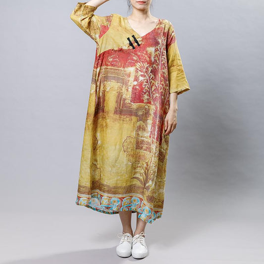 Printed Frog V-Neck Chinese Style Dress