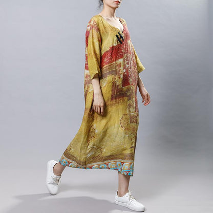 Printed Frog V-Neck Chinese Style Dress