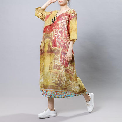Printed Frog V-Neck Chinese Style Dress