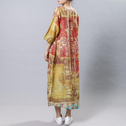 Printed Frog V-Neck Chinese Style Dress
