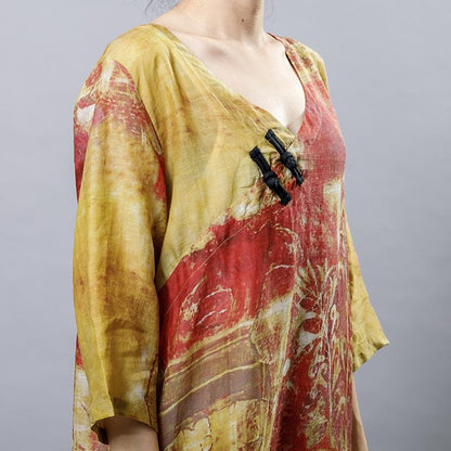Printed Frog V-Neck Chinese Style Dress