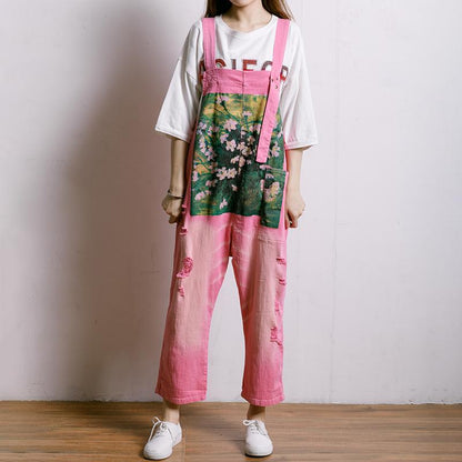 Printed Hole Pockets Casual Loose Overalls