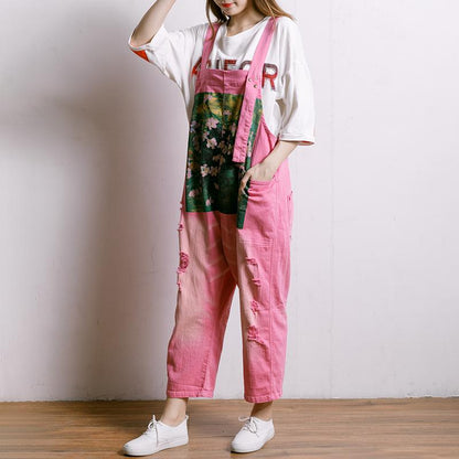Printed Hole Pockets Casual Loose Overalls