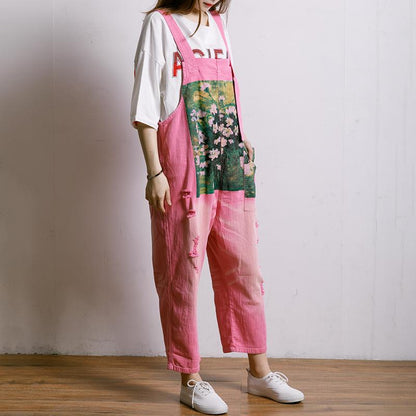Printed Hole Pockets Casual Loose Overalls