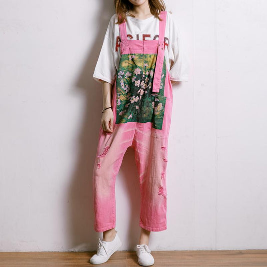 Printed Hole Pockets Casual Loose Overalls