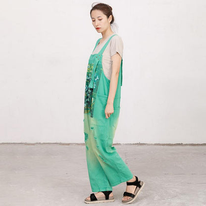 Printed Hole Pockets Casual Loose Overalls